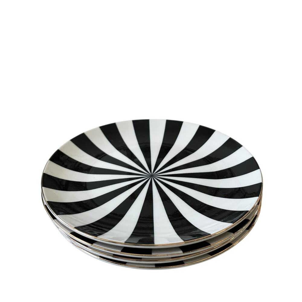 Christian Siriano Salad Plates 8in Porcelain Set of 4 Black White Candy Stripe - Picture 5 of 12